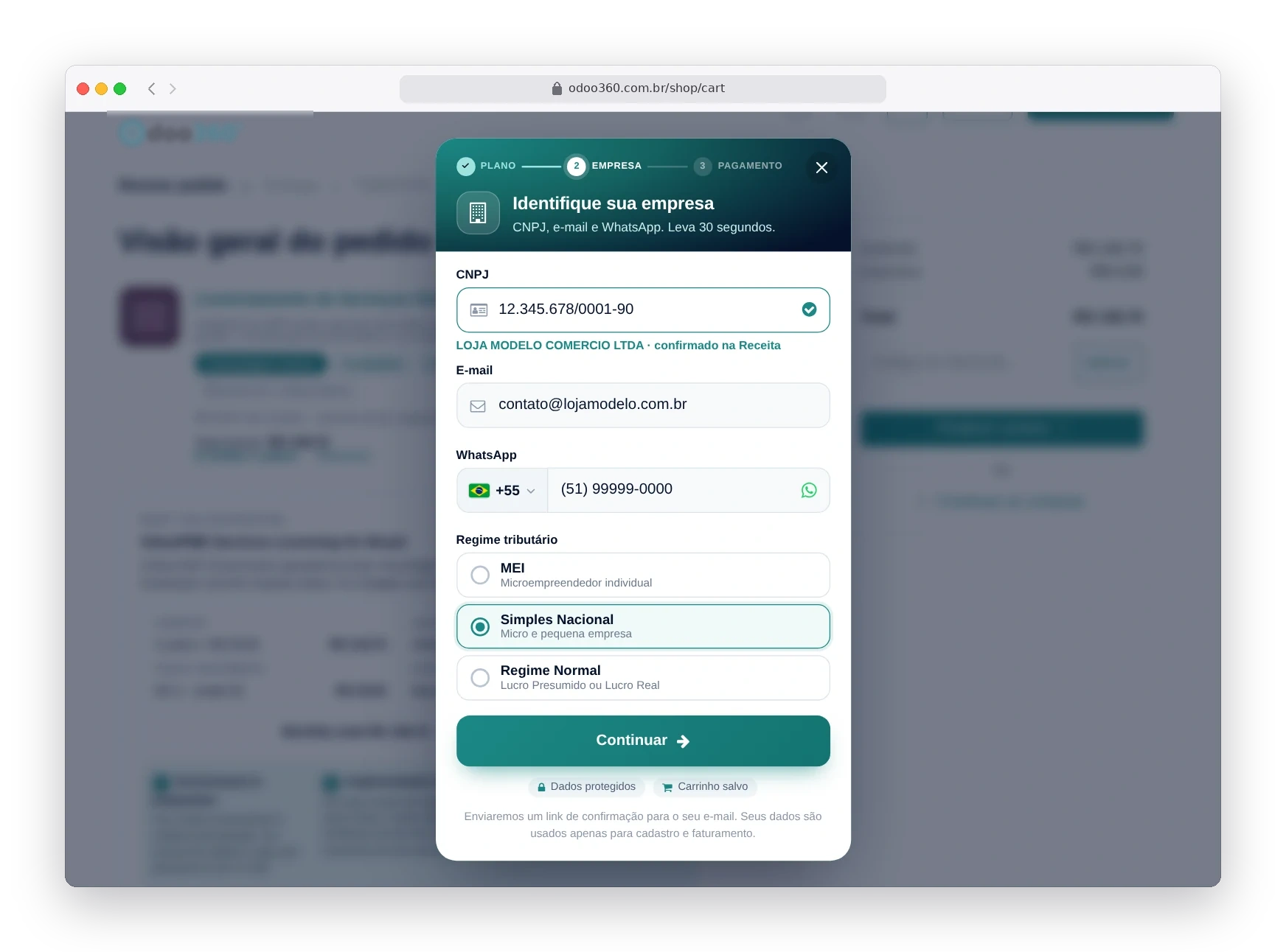 Janela de cadastro rápido do Odoo360 pedindo CNPJ, e-mail e regime tributário com as opções MEI, Simples Nacional e Regime Normal