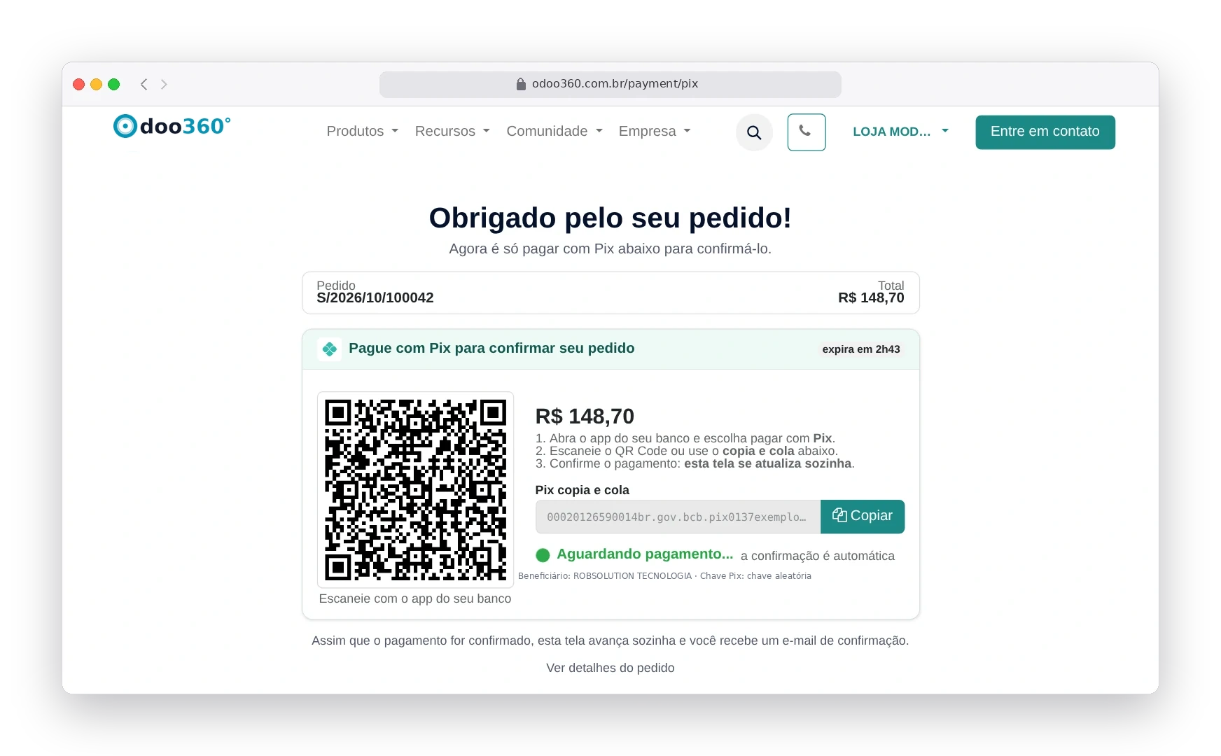 Tela do Pix gerado no Odoo360 com QR Code, valor, código copia e cola e status aguardando pagamento