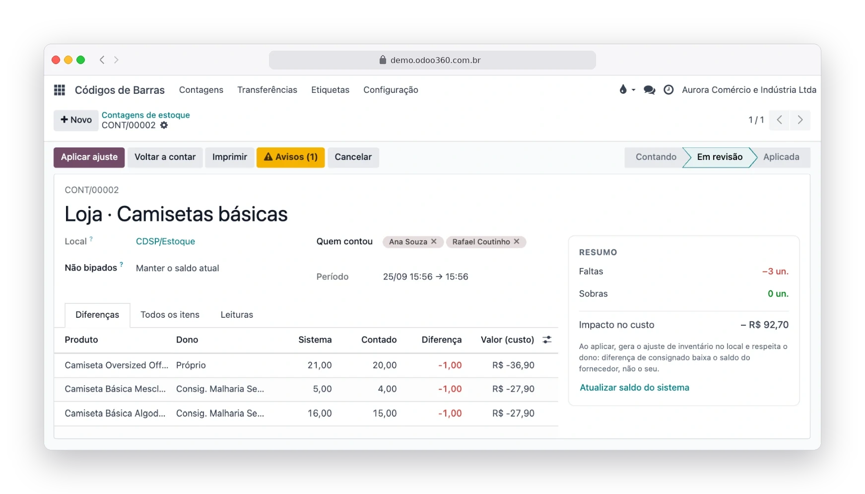 Revisão de uma contagem de estoque no Odoo360 com diferenças por produto, faltas, sobras e impacto no custo