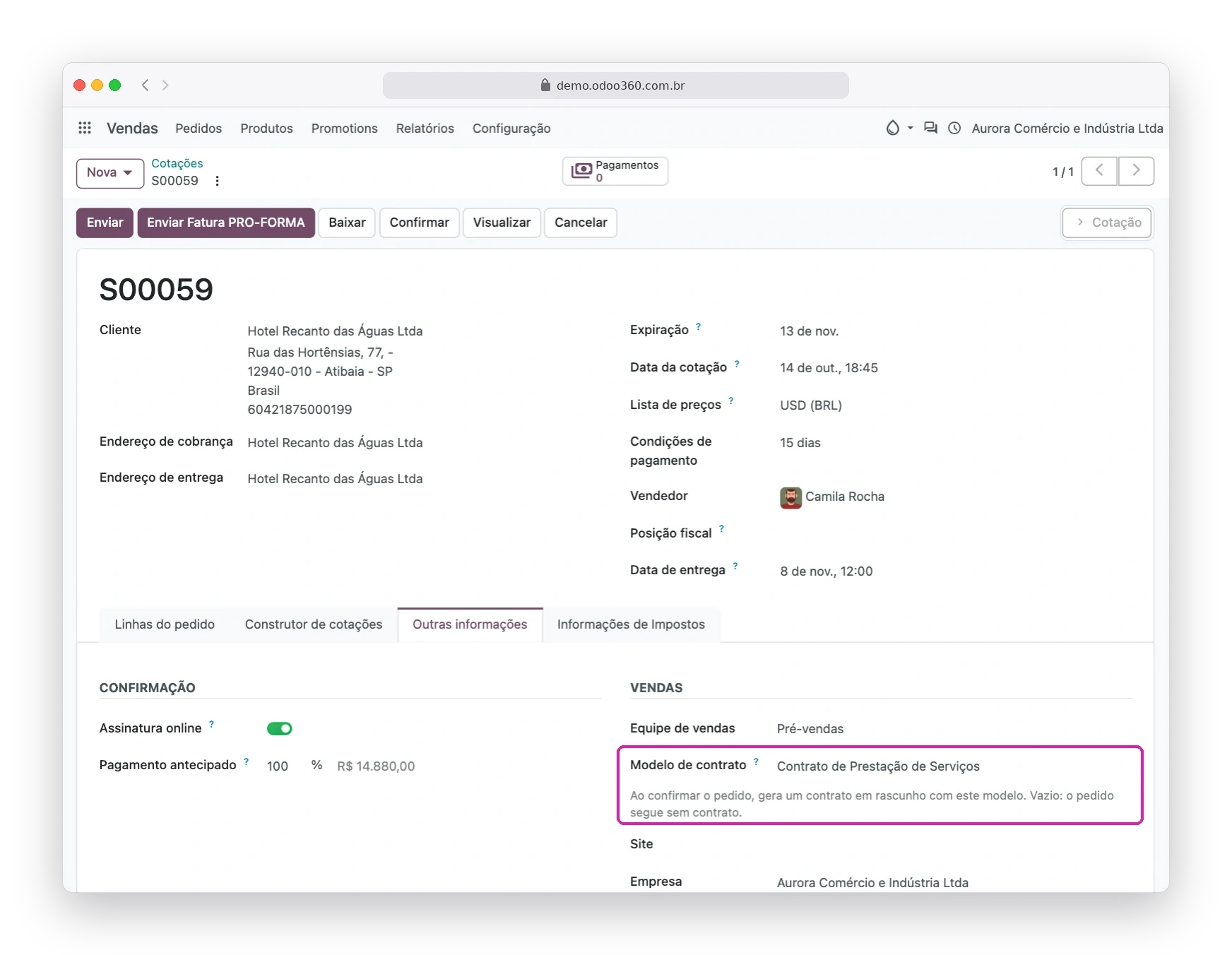 Pedido de venda do Odoo360 com o campo Modelo de contrato na aba Outras informações